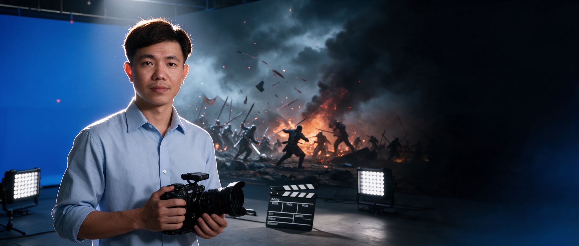 Khánh Băng cầm máy quay trong studio phông xanh, phía sau là chiến trường AI